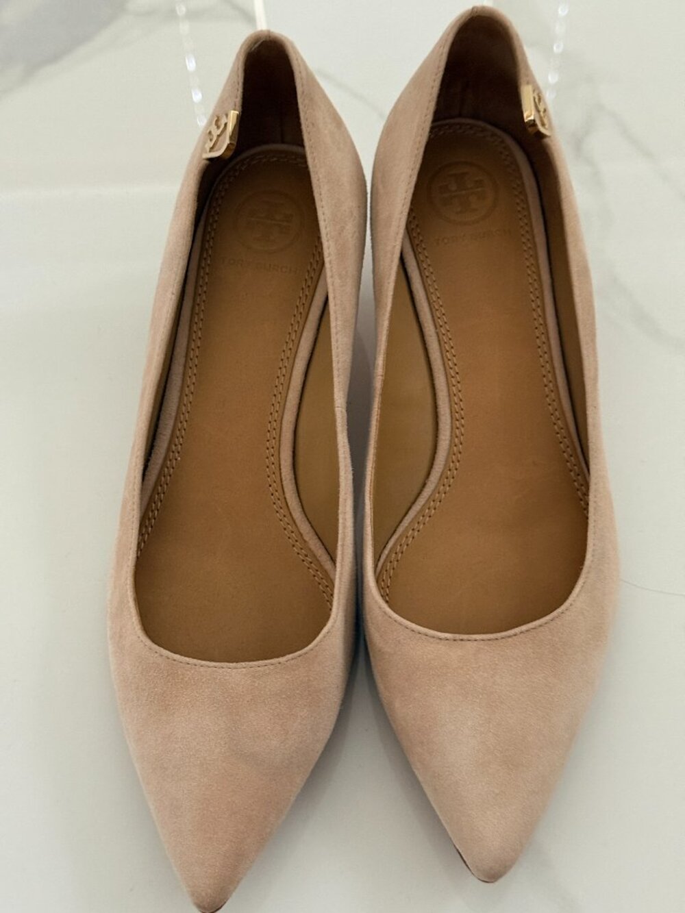 Tory Burch Elizabeth T LOGO Pointed Toe Heel Pump Blush Pink Suede - 8.5M